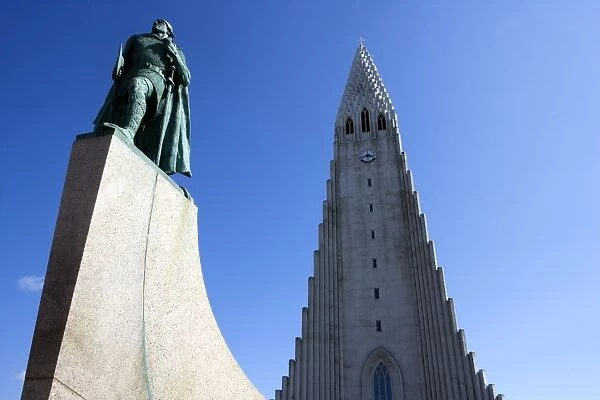 Iceland, Reykjavik. Hallgrimskirkja built to resemble a mountain of basaltic lava