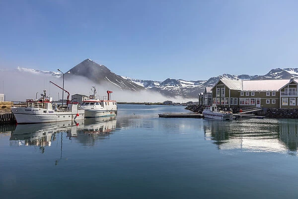 Iceland, Siglufjorður, Siglofjord, Siglo hotel and fishing boats in morning mist