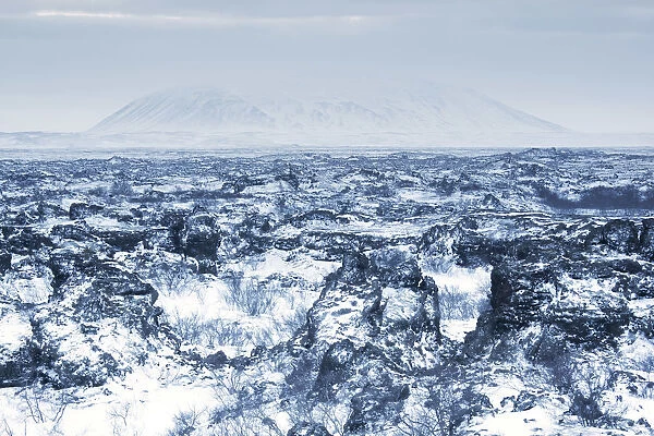 Iceland, Volcanic rock formations covered by snow