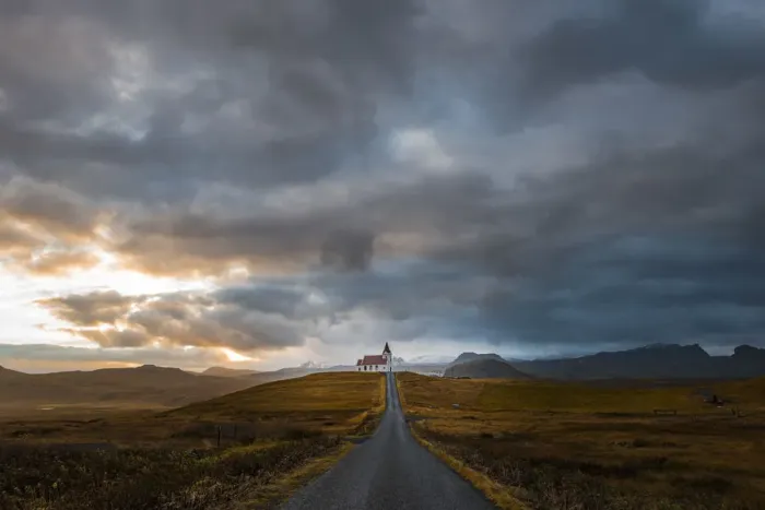 Framed Print : Iceland, Western Region, Hellissandur, Ingjaldsholl. After rain, the sun try to light up church Framed Print : Iceland, Western Region, Hellissandur, Ingjaldsholl. After rain, the sun try to light up church