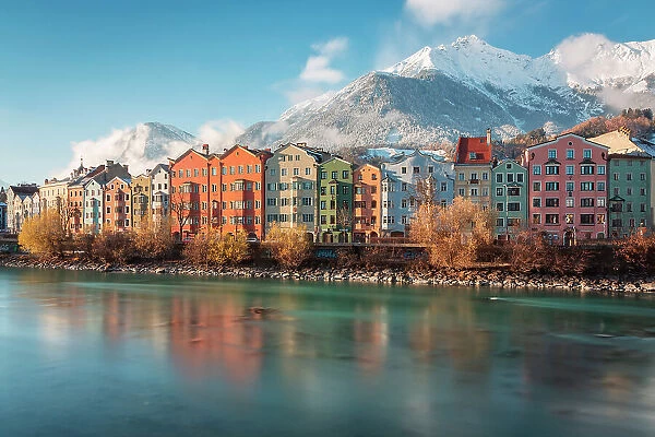 The iconic buildings of Mariahilf on a sunny winter day, Marktplatz, Innsbruck Stadt, Innsbruck, Tyrol, Austria, Europe
