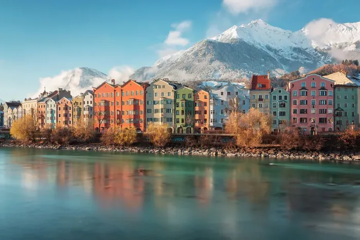 Framed Print : The iconic buildings of Mariahilf on a sunny winter day, Marktplatz, Innsbruck Stadt, Innsbruck, Tyrol, Austria, Europe