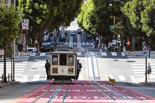 Iconic cable car in the streets of San Francisco, California, USA