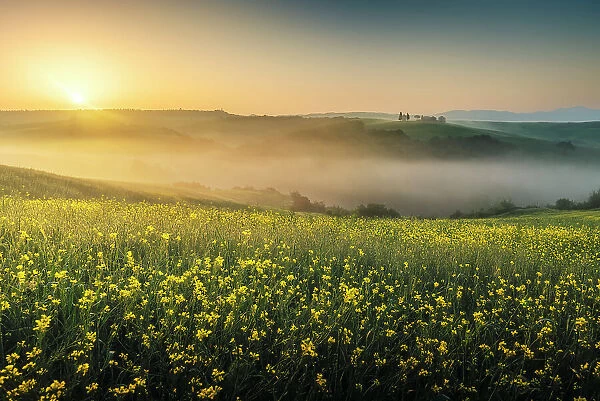 The iconic Chapel of Madonna di Vitaleta appearing through the thick layer of fog, Val d'Orcia, Tuscany, Italy