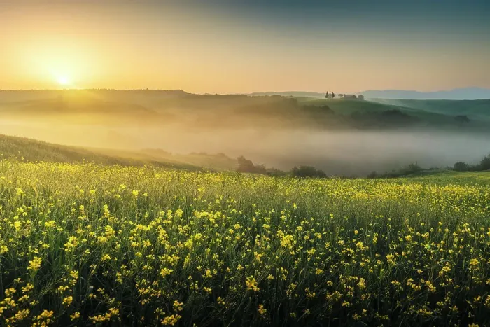 Framed Print : The iconic Chapel of Madonna di Vitaleta appearing through the thick layer of fog, Val d'Orcia, Tuscany, Italy