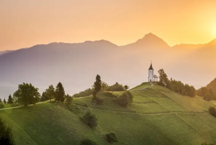 Framed Print : The iconic Jamik church, with Mount Triglav on the background