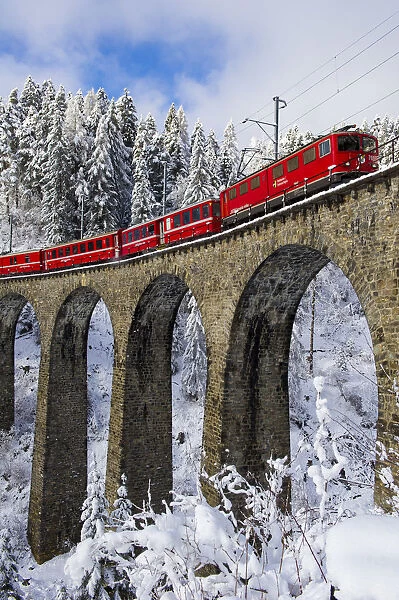 Iconic swiss red Bernina Express train in winter landscape and pristine snow. Swizerland