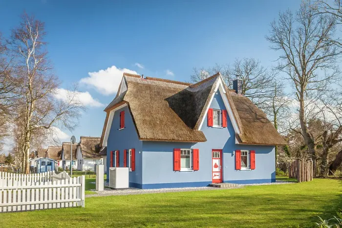 Framed Print : Idyllic blue thatched cottage in Wieck am Darss, Mecklenburg-West Pomerania, Baltic Sea, North Germany, Germany Framed Print : Idyllic blue thatched cottage in Wieck am Darss, Mecklenburg-West Pomerania, Baltic Sea, North Germany, Germany
