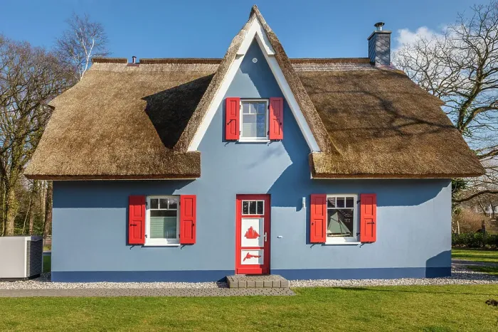 Framed Print : Idyllic blue thatched cottage in Wieck am Darss, Mecklenburg-West Pomerania, Baltic Sea, North Germany, Germany Framed Print : Idyllic blue thatched cottage in Wieck am Darss, Mecklenburg-West Pomerania, Baltic Sea, North Germany, Germany