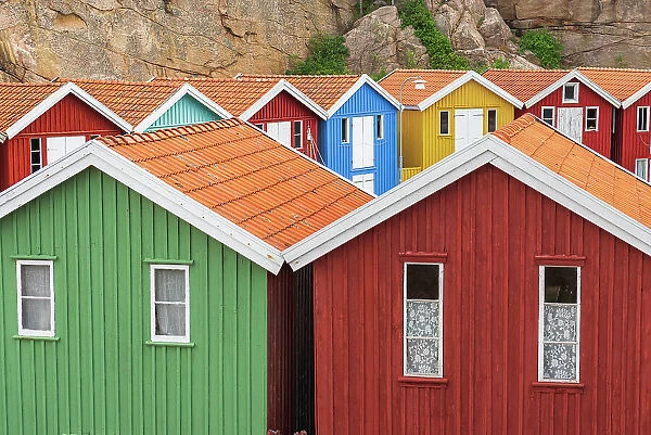 Idyllic and colorful fishing huts near the water, Smogen, Sotenas municipality, Bohusan, lVastra Gotaland, West Sweden, Sweden