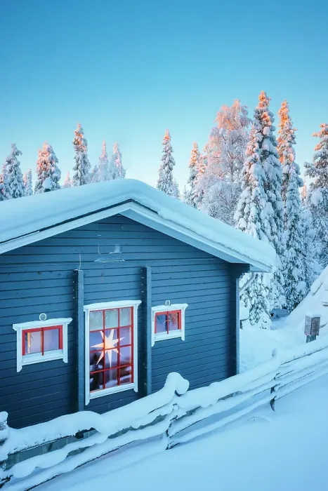 Framed Print : An idyllic hut covered with snow in a forest near Ruka during winter in finnish Lapland, Finland Framed Print : An idyllic hut covered with snow in a forest near Ruka during winter in finnish Lapland, Finland