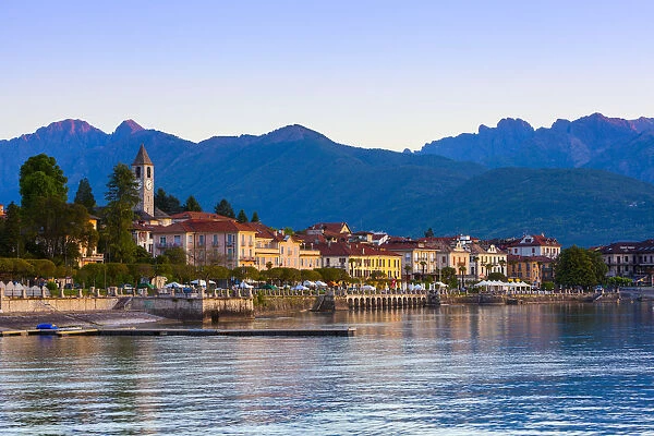 The idyllic lakeside village of Baveno illuminated at dawn, Lake Maggiore, Piedmont