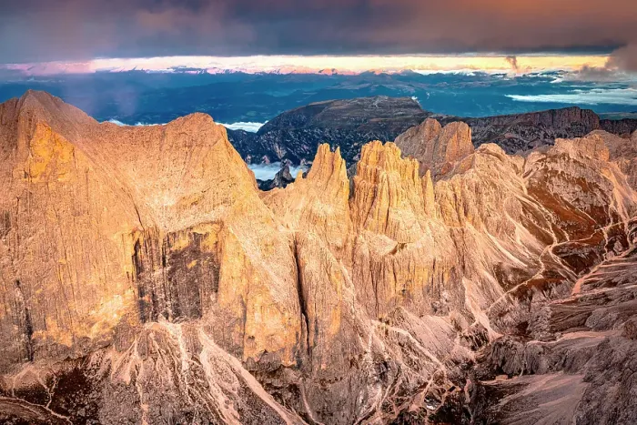 Framed Print : Idyllic sunrise over Catinaccio (Rosengarten), Cima Catinaccio, and Torri Del Vajolet in autumn, aerial view, Dolomites, Italy Framed Print : Idyllic sunrise over Catinaccio (Rosengarten), Cima Catinaccio, and Torri Del Vajolet in autumn, aerial view, Dolomites, Italy