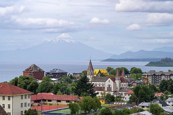 Iglesia del Sagrado Corazon de Jesus and Osorno Volcano, Puerto Varas, Llanquihue Province, Los Lagos Region, Chile