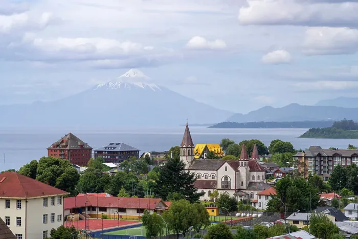 Framed Print : Iglesia del Sagrado Corazon de Jesus and Osorno Volcano, Puerto Varas, Llanquihue Province, Los Lagos Region, Chile
