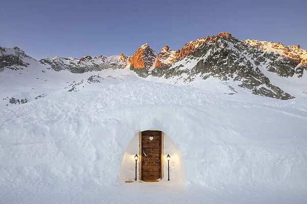 An igloo room of Capanna Presena at sunrise, Trento, Val Presena, Trentino Alto Adige