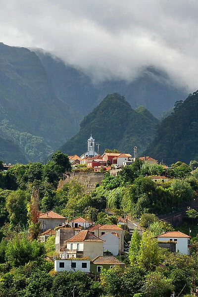 Igreja Paroquial de Sao Roque do Faial church against mountains, Sao Roque do Faial, Santana, Madeira, Portugal