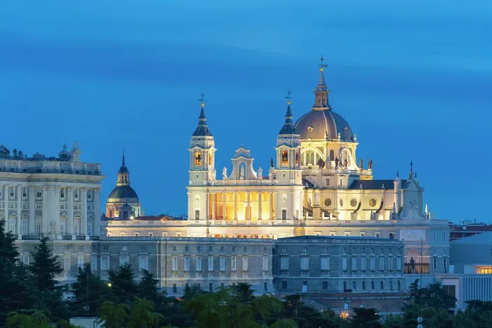 Framed Print : Illuminated Almudena Cathedral seen from Principe Pio at twilight, Madrid, Spain Framed Print : Illuminated Almudena Cathedral seen from Principe Pio at twilight, Madrid, Spain