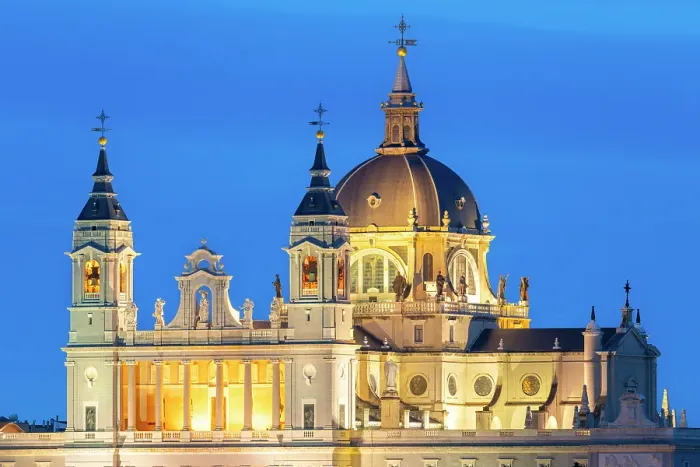 Framed Print : Illuminated Almudena Cathedral seen from Principe Pio at twilight, Madrid, Spain Framed Print : Illuminated Almudena Cathedral seen from Principe Pio at twilight, Madrid, Spain