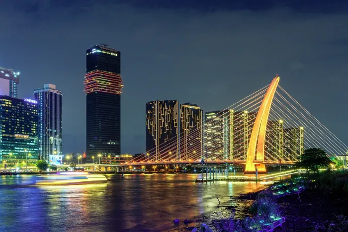 Framed Print : Illuminated Ba Son Bridge by the waterfront, Ho Chi Minh City (Saigon), Vietnam