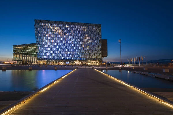Illuminated Harpa Concert Hall and Conference Center at night, Reykjavik, Iceland