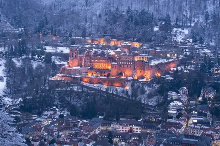 Framed Print : Illuminated Heidelberg castle and old town in winter, Baden-Wurttemberg, Germany Framed Print : Illuminated Heidelberg castle and old town in winter, Baden-Wurttemberg, Germany