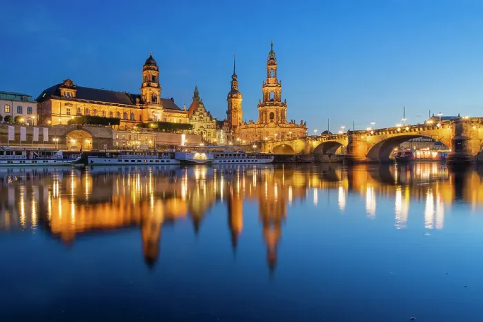 Framed Print : Illuminated Oberlandesgericht Dresden near Augustus Bridge and Dresden Cathedral over Elbe River at twilight, Dresden, Saxony, Germany Framed Print : Illuminated Oberlandesgericht Dresden near Augustus Bridge and Dresden Cathedral over Elbe River at twilight, Dresden, Saxony, Germany