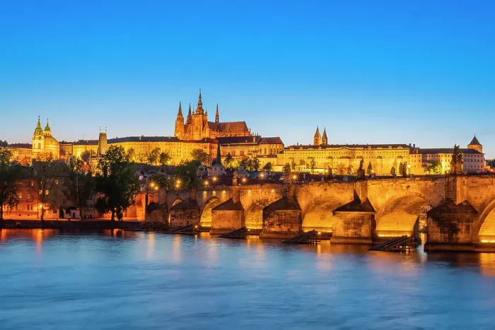Framed Print : Illuminated Prague Castle and Charles Bridge at night, Prague, Bohemia, Czech Republic