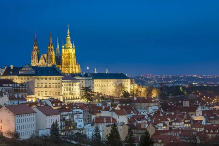 Framed Print : Illuminated Prague Castle in city against sky at night, Prague, Bohemia, Czech Republic