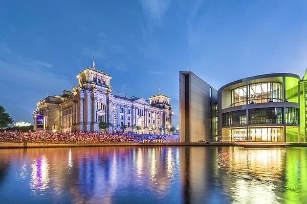 Illuminated Reichstag and Paul Lobe Haus, River Spree, Berlin, Germany