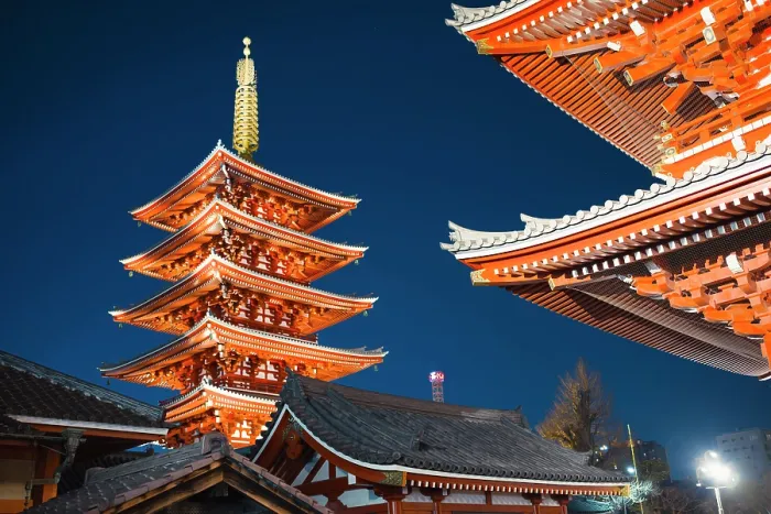 Framed Print : Illuminated Senso-ji Temple pagoda and architecture against a dark blue night sky in Tokyo, Japan Framed Print : Illuminated Senso-ji Temple pagoda and architecture against a dark blue night sky in Tokyo, Japan