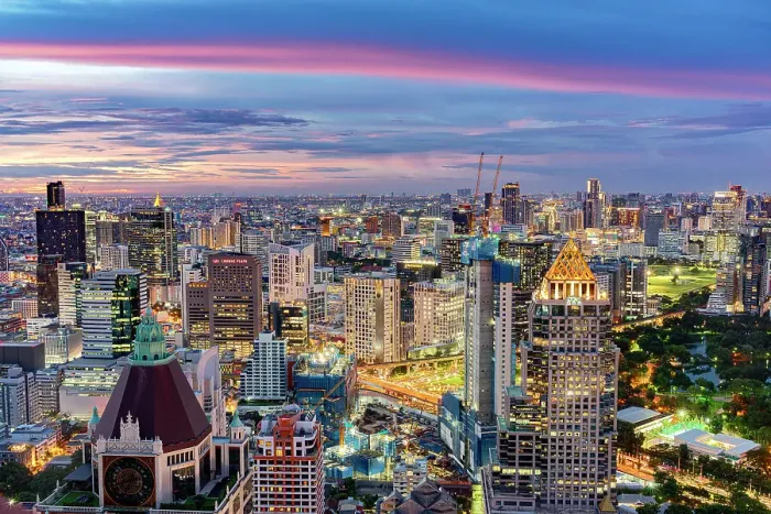 Framed Print : Illuminated skyscrapers of Bangkok skyline at sunset, aerial view, Thailand Framed Print : Illuminated skyscrapers of Bangkok skyline at sunset, aerial view, Thailand