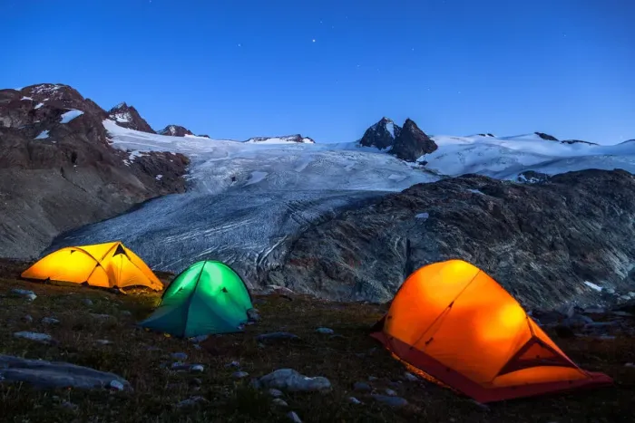 Framed Print : Illuminated tents camping close to Rutor (Ruitor) glacier, (Rutor Framed Print : Illuminated tents camping close to Rutor (Ruitor) glacier, (Rutor