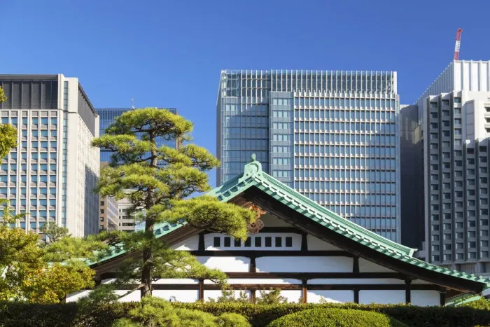 Framed Print : Imperial Palace East Garden and skyscrapers of Marunouchi, Tokyo, Japan