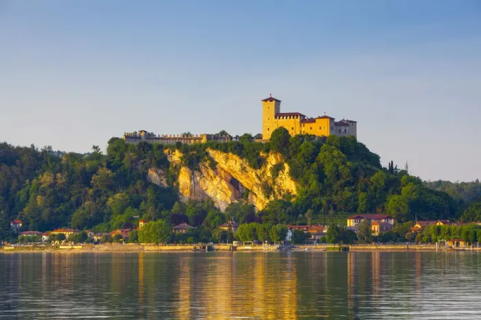 Framed Print : The imposing La Rocca fortress viewd from Arona at sunset, Lake Maggiore, Piedmont, Italy