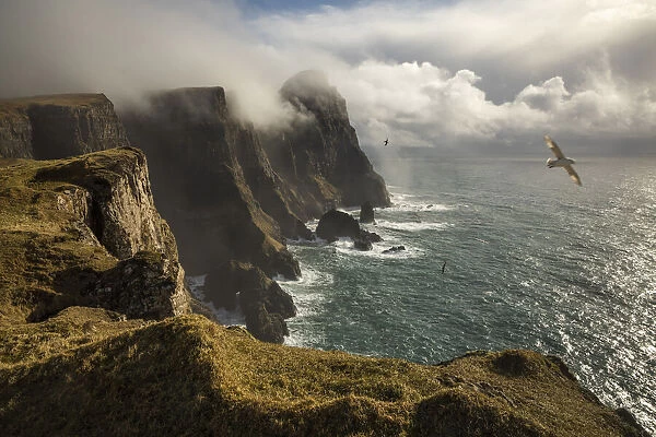 The impressive coast on the west side of Suðuroy seen from Eggjarnar. In the background the Beinisvorð cliff. Suðuroy, Faroe Islands