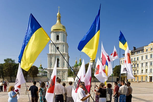Independence day, Ukrainian national flags in the square outside St. Sophia Cathedral