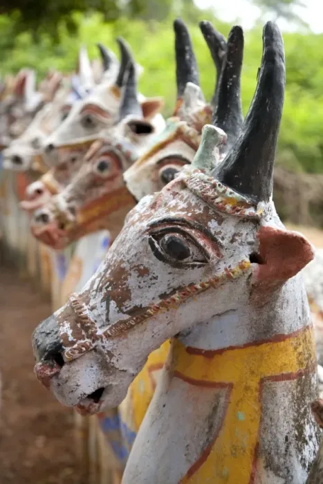 Framed Print : India, Chettinad. Terracotta horses lined up by the Ayyanar Temple. Although they have horns Framed Print : India, Chettinad. Terracotta horses lined up by the Ayyanar Temple. Although they have horns