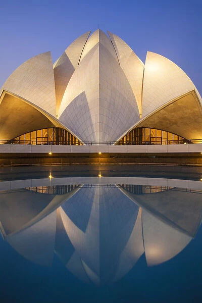 India, Delhi, New Delhi, Bahai House of Worship know as the The Lotus Temple at twilight