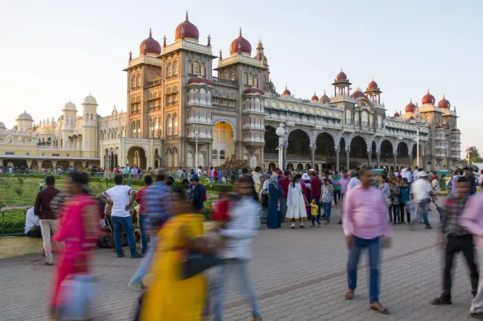 Framed Print : India, Karnataka, Mysore, City Palace, people walking outside the Maharajas Palace Framed Print : India, Karnataka, Mysore, City Palace, people walking outside the Maharajas Palace