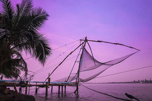 India, Kerala, Cochin - Kochi, Fort Kochi, Chinese fishing nets at sunrise