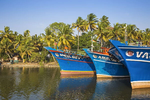 India, Kerala, Kollam, Fishing trawlers on Backwaters