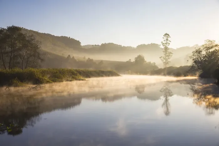 Framed Print : India, Kerala, Munnar, Early morning mist on Muthirappuzhayar River