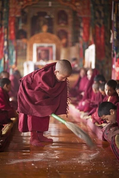 India, Ladakh, Thiksey. Young novice monk sweeping up the tsampa crumbs at morning prayers or puja