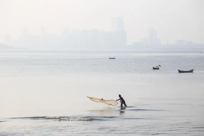 Framed Print : India, Maharashtra, Mumbai, Chowpatty, Man fishing Framed Print : India, Maharashtra, Mumbai, Chowpatty, Man fishing