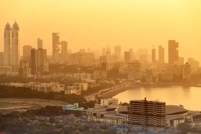 Framed Print : India, Maharashtra, Mumbai, sunset over the city centre and Haji Ali Bay showing Framed Print : India, Maharashtra, Mumbai, sunset over the city centre and Haji Ali Bay showing