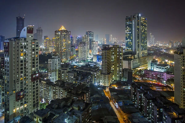 India, Mumbai, Maharashtra, city dusk skyline of modern office and residential buildings