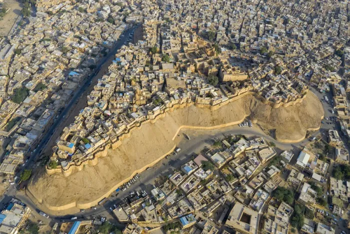 Framed Print : India, Rajasthan, Jaisalmer, Old Town, Aerial view of Old Town and Fortifications