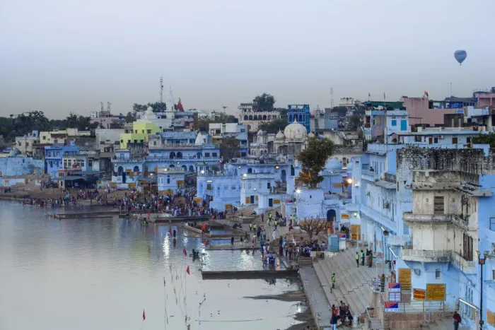 Framed Print : India, Rajasthan, Pushkar, Hot Air balloon over Pushkar Lake and bathing ghats Framed Print : India, Rajasthan, Pushkar, Hot Air balloon over Pushkar Lake and bathing ghats