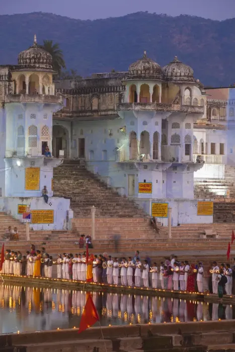 Framed Print : India, Rajasthan, Pushkar, lakeside ceremony during Pushkar Camel Fair Framed Print : India, Rajasthan, Pushkar, lakeside ceremony during Pushkar Camel Fair